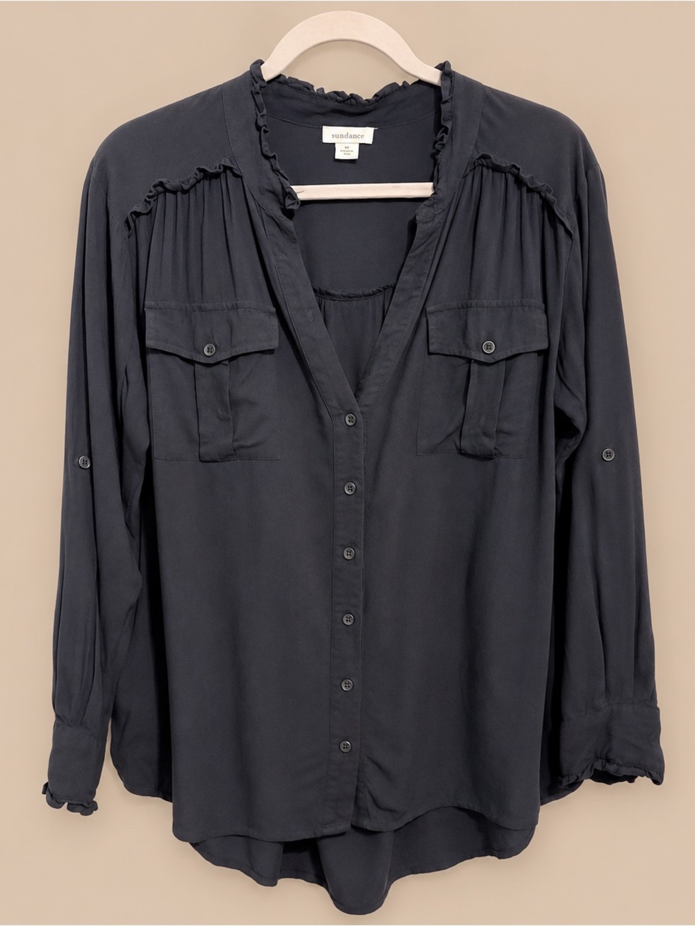 Sundance Navy Blue Ruffle Button Down Top Blouse Shirt Size Petite Small PS Fall
